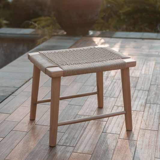 Large wooden stool SUNDA (beige) made of Trembesi with a seat of woven recycled paper