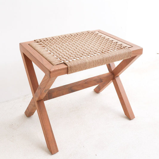 Large wooden stool INDRA (beige) from Trembesi with a seat made of woven recycled paper